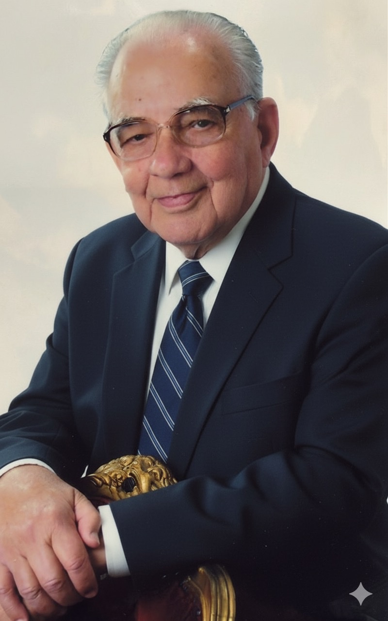 Retrato do Pastor Antenor Lourenço, sorrindo, de terno azul-marinho e óculos.